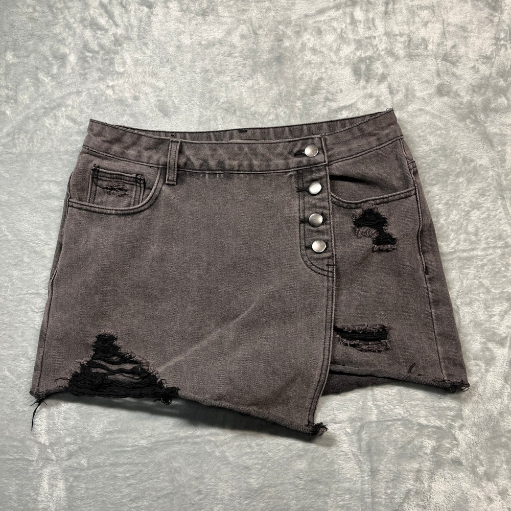 American Bazi Denim Skort Women Black Distressed Asymmetric Button Size M